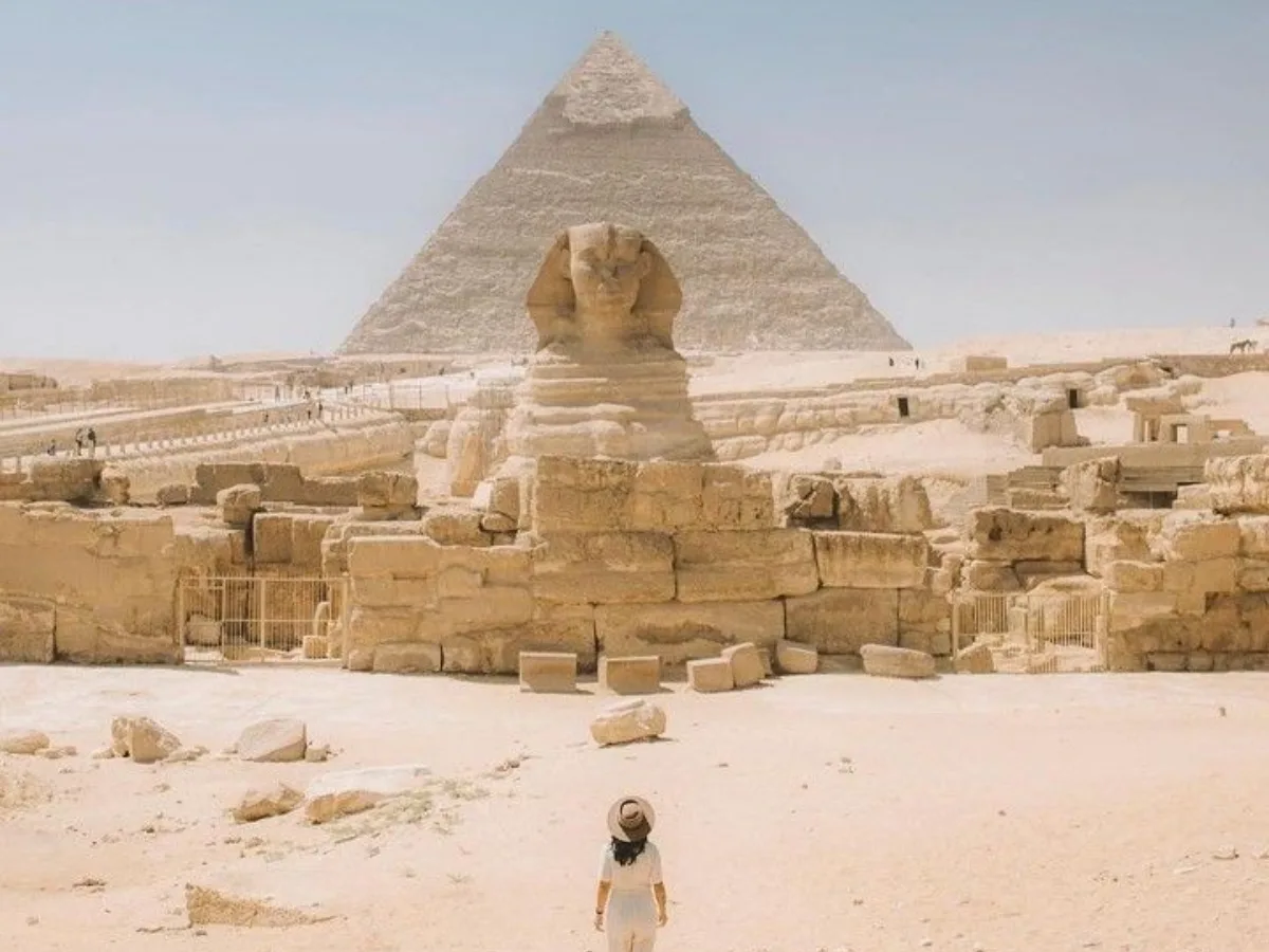The Great Sphinx and the Pyramid of Khafre at Giza on a clear morning