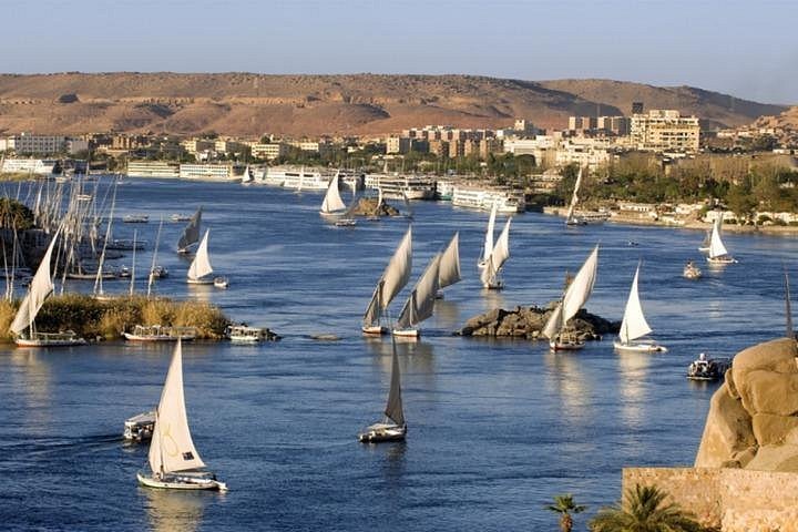Winter sunlight on the Nile and granite islands at Aswan